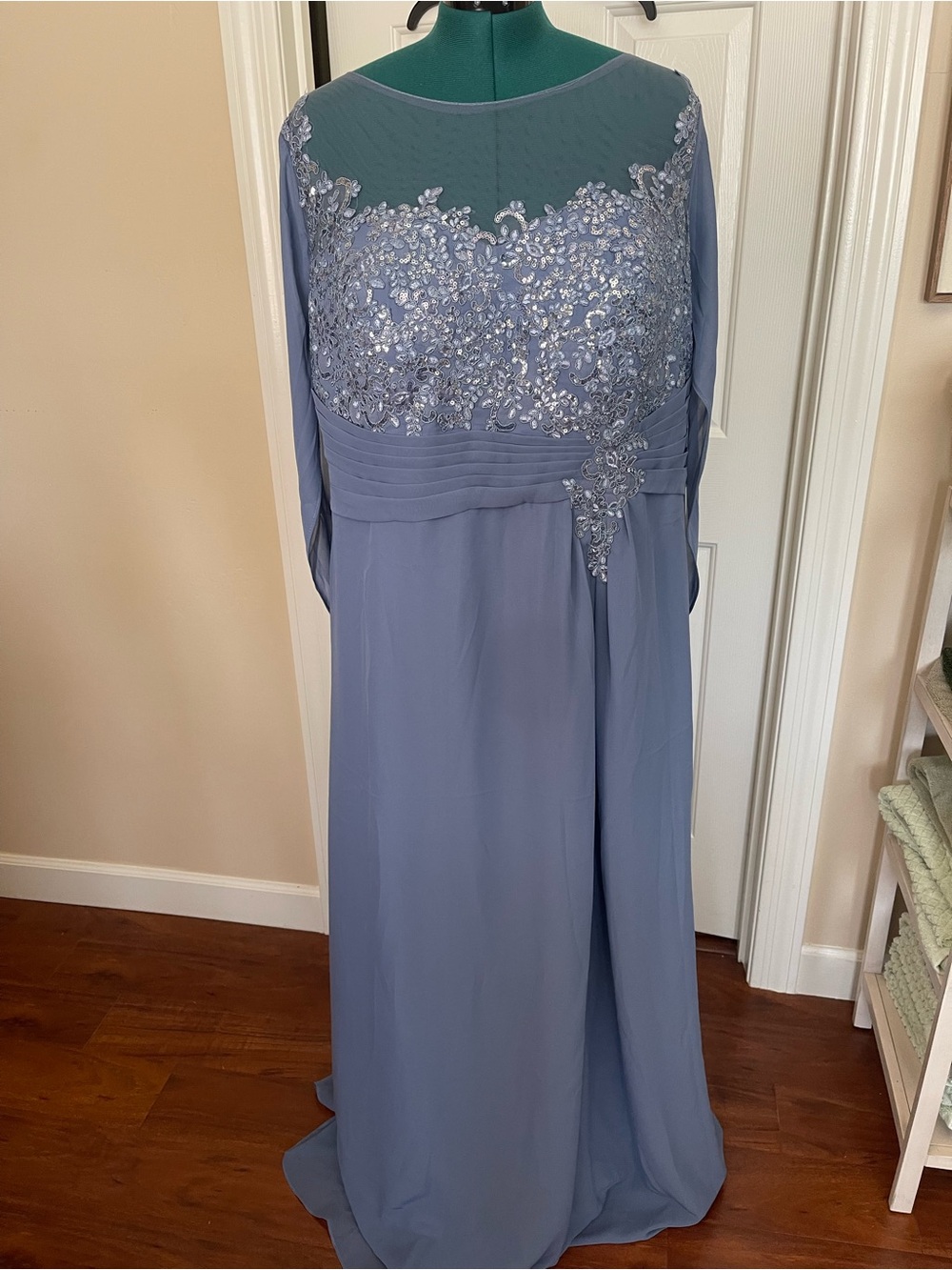 Plus-Size Dusty Blue Embroidered Maxi Dress with Cape Sleeves - Picture 3 of 13
